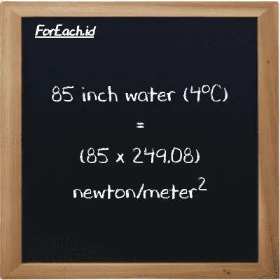 How to convert inch water (4<sup>o</sup>C) to newton/meter<sup>2</sup>: 85 inch water (4<sup>o</sup>C) (inH2O) is equivalent to 85 times 249.08 newton/meter<sup>2</sup> (N/m<sup>2</sup>)